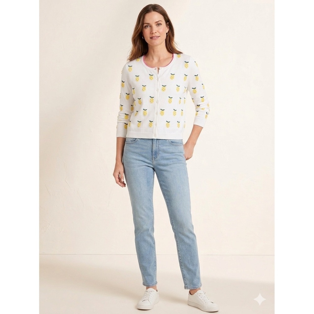 Talbots Cardigan Women XS White Pineapple Embroidered Cotton Blend Sweater